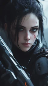 Cybernetic sniper locks gaze, battle-scarred resolve holds