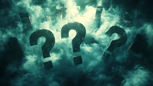 Mystic question marks emerging through teal cinematic fog.