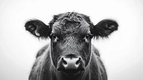Gentle black cow gazes calmly into a soft white morning