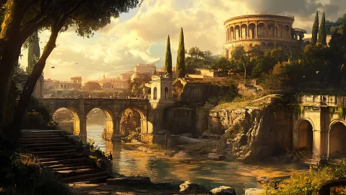 Sunlit ancient riverside city glows with Roman grandeur.