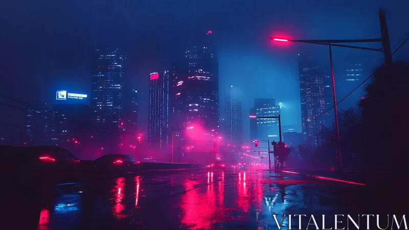 Neon-lit rainy city street with high-rise skyline at night.