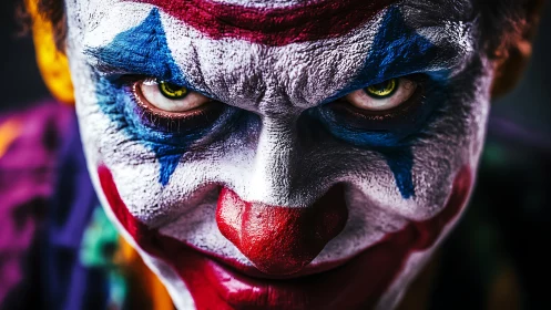 Sinister clown portrait with intense neon carnival glare.