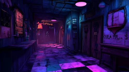 Neon haunted corridor with distant robotic silhouette.