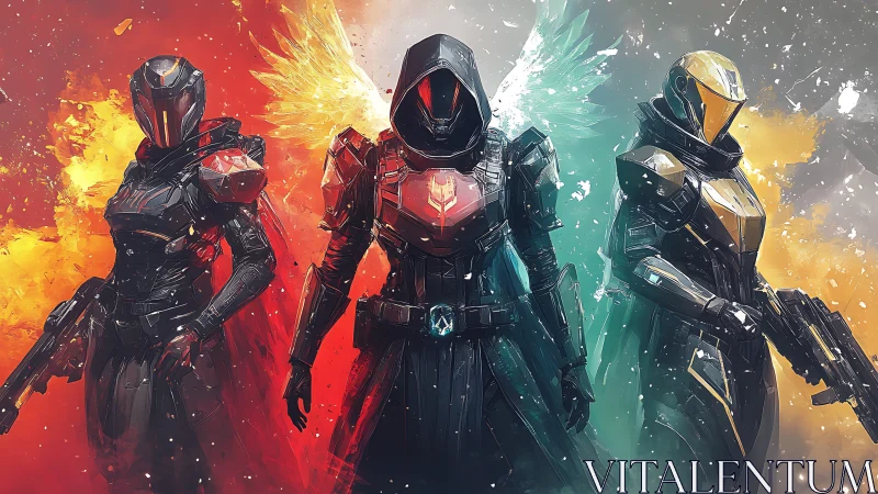 Three armored figures stand before abstract color fields