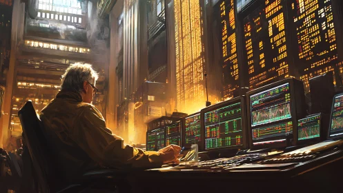 Market maestro conducts glowing data symphony at dusk