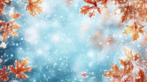 Frosted autumn maple leaves around soft snowy blue field.
