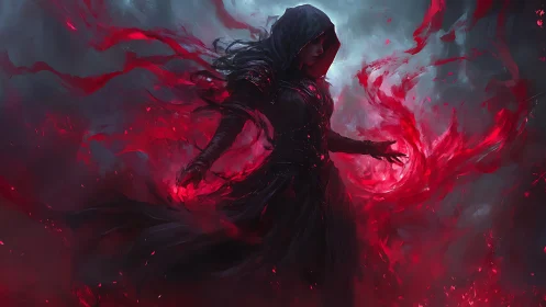Crimson shroud sorceress bending storms of living shadow.