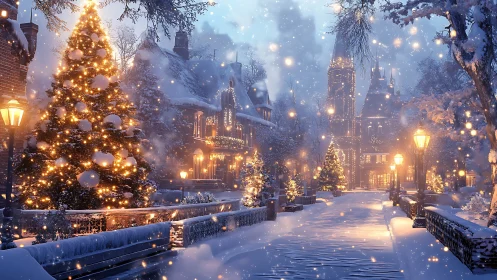 Snow-draped village avenue aglow with storybook Christmas lights.