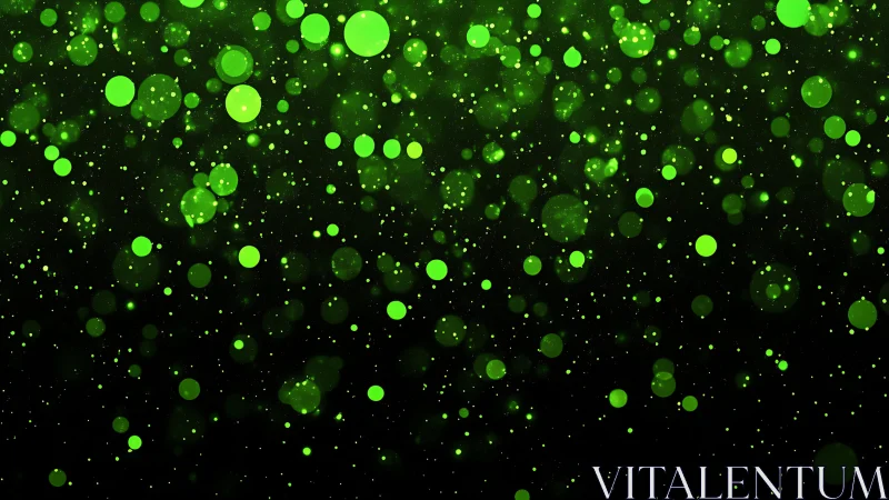 Glowing green bokeh particles drifting in dark space.