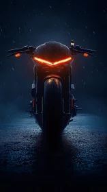 Aggressive sport motorcycle front view in cinematic rain lighting