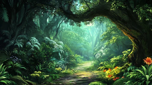 Sunlit forest path through dense vegetation and arched trees