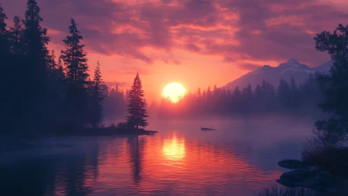 Crimson sunrise melts over misty pines and still lake. Period.