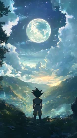 Silhouetted figure observes illuminated moon over valley