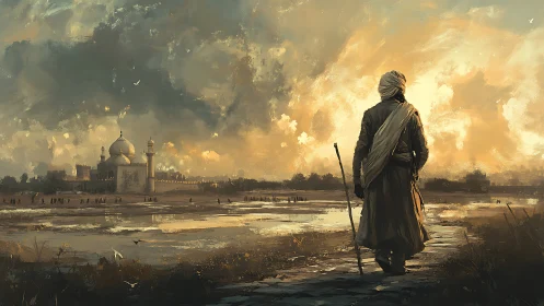 Solitary robed figure on riverside path near domed monument.