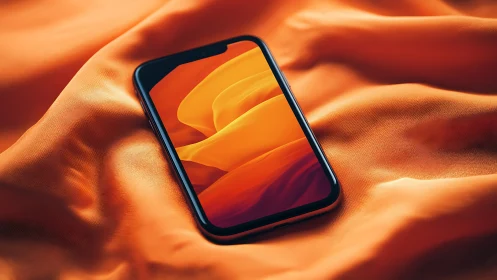 Smartphone with OLED display rests on rippled orange fabric surface