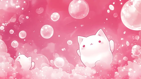Whimsical Cats Float Among Bubbles in Pink Dreamscape