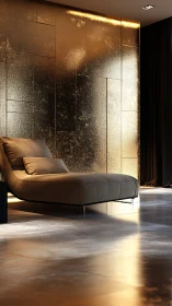 Gold textured wall frames modern leather chaise lounge.