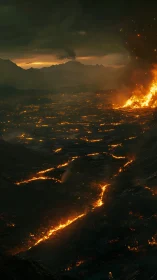 Massive wildfire engulfs landscape beneath mountain peaks.