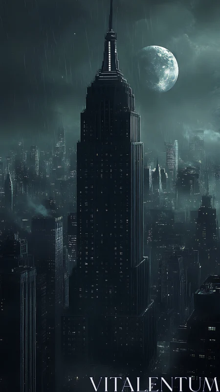 Noir skyscraper under moonlit storm above dense cityscape.
