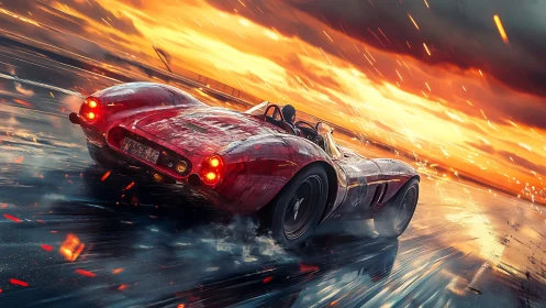 Aerodynamic vintage roadster in luminous storm drift sequence.