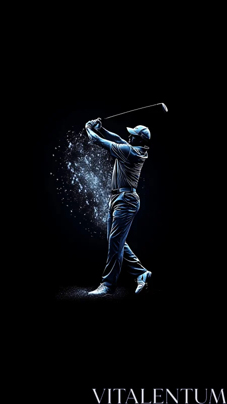 Digital golf swing silhouette with electric blue highlights.