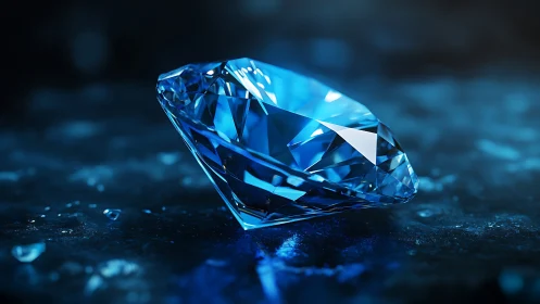 Blue diamond rests on icy surface under cool studio light.
