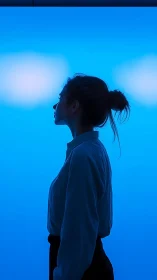 Profile silhouette of woman against luminous cyan backdrop.