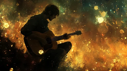 Silhouetted guitarist plays against abstract cosmic light field