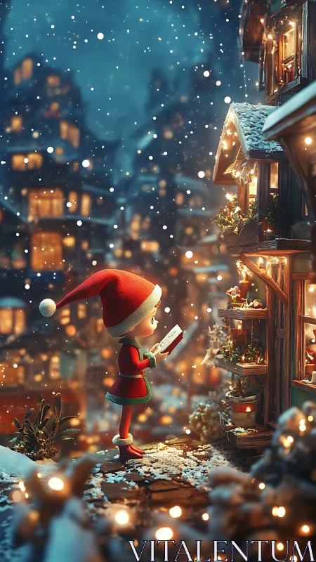 Snowy child courier at glowing Christmas village doorstep.