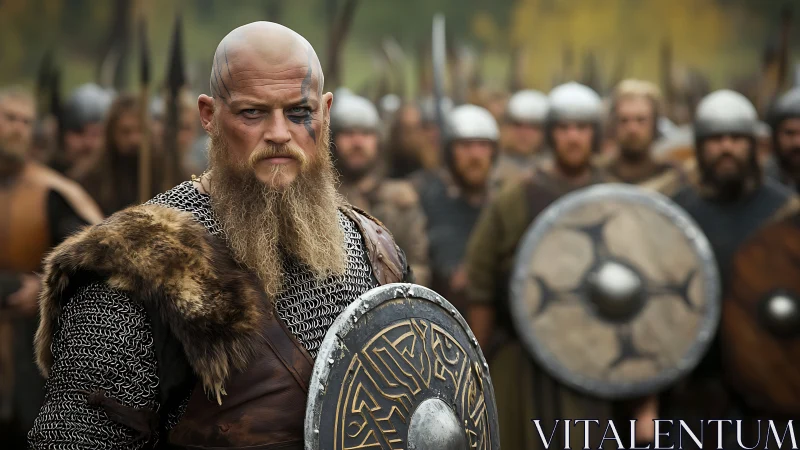 Bearded war chief storms the field with ironclad resolve.