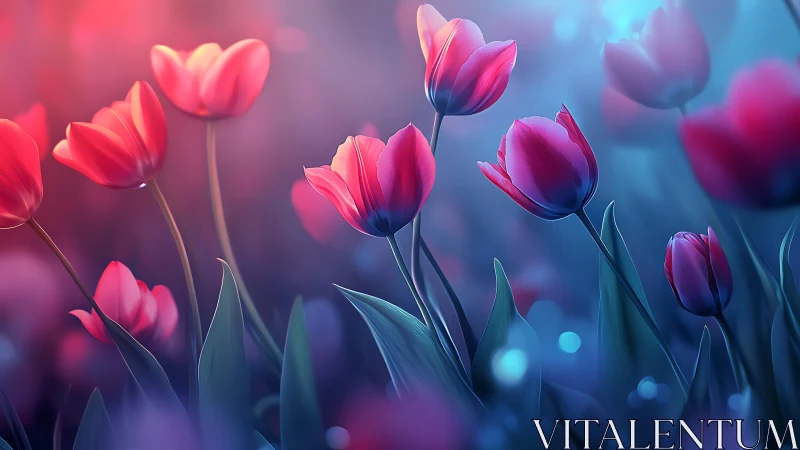 Digital Rendered Tulip Composition with Chromatic Gradient Transition and Bokeh Depth