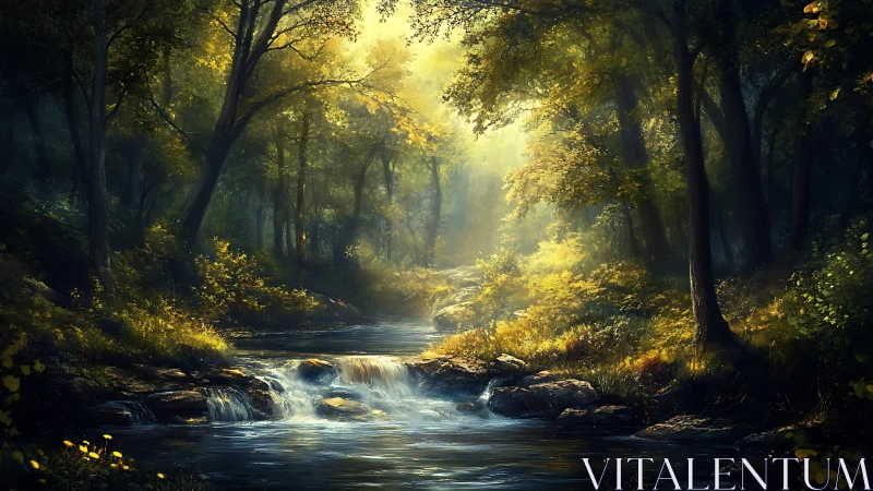 Sunlit Forest Stream with Ancient Trees and Flowing Water