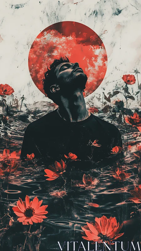 Man in crimson water under eclipsed sun ascends inward