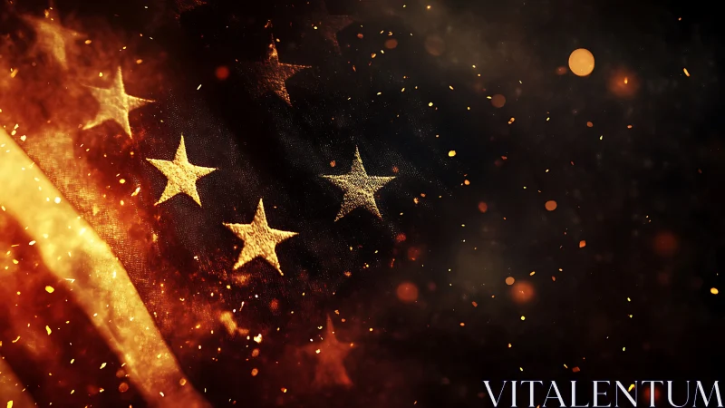 Burning American flag stars amid glowing embers at night.
