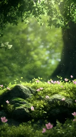 Enchanted Garden: Moss, Wildflowers, Bokeh Light.