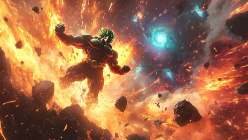 Cosmic warrior unleashes power in explosive asteroid field.