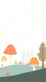 Stylized mushroom forest landscape with scattered floating particles