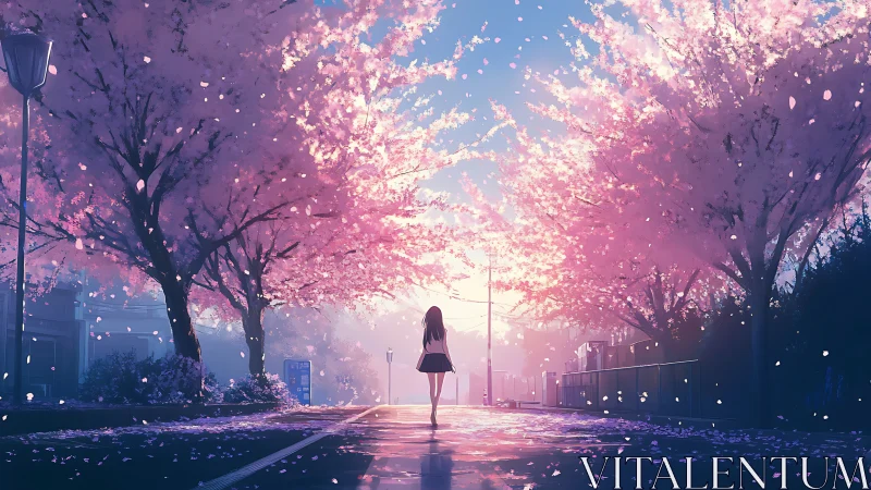 Twilight walk beneath glowing cherry blossom canopy street.