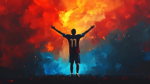 Footballer silhouette celebrates amid blazing abstract sky.