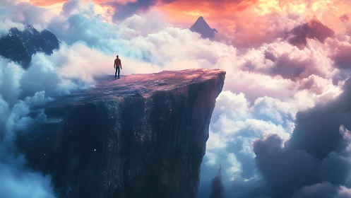 Solitary dreamer balances on a cliff between burning skies