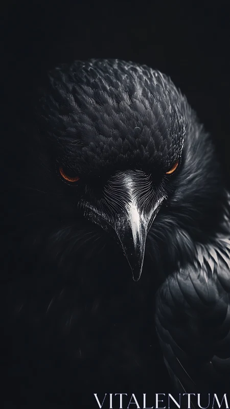 Dark raven portrait with piercing orange eyes in shadowed void.