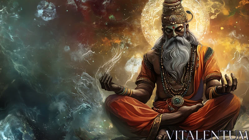 Digital painting of meditative sage in cosmic mandala field.