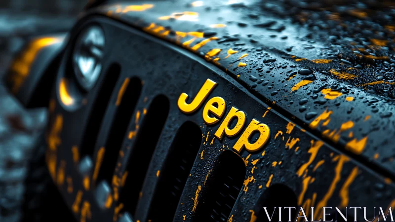Mud-splashed Jepp grille glows like urban off-road lightning
