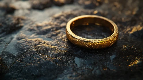 Gold ring rests on wet textured rock under warm light