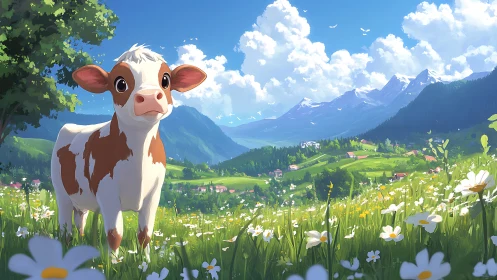 Curious calf exploring a sunlit wildflower mountain meadow.