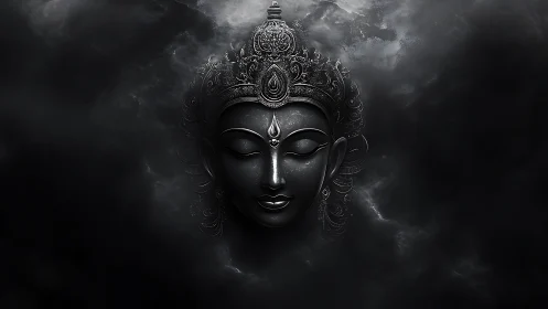 Divine serene face emerges from stormy monochrome clouds