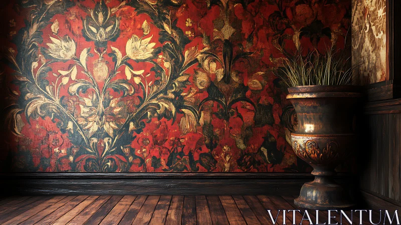 Textured baroque damask wall with patinated urn planter interior.