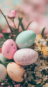 Soft pastel Easter eggs rest gently among spring blooms