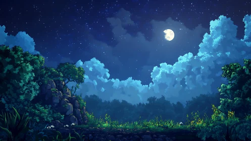 Moonlit forest clearing under starry summer night sky.