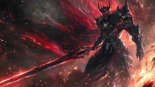 Armored dark knight holds flaming sword in fiery void
